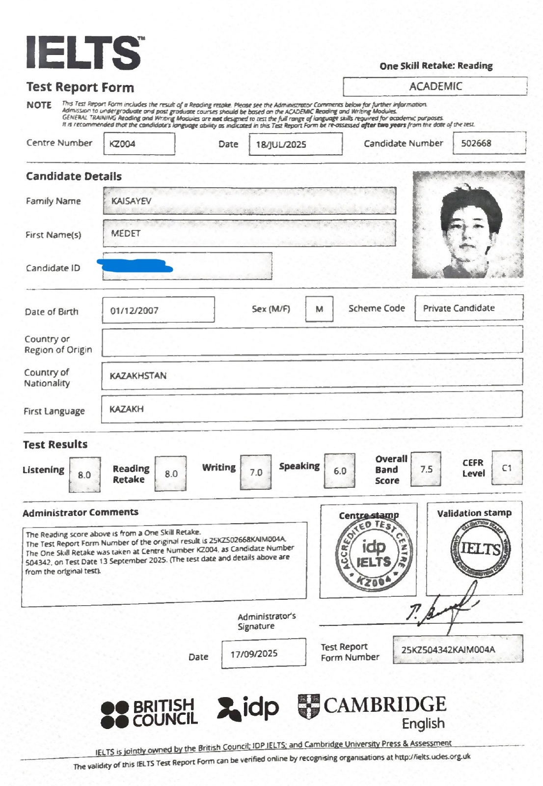 IELTS retake certificate with 7.5 overall band score
